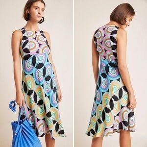 Anthropologie Kenzie Asymmetrical Midi Dress Sz 4 retro geometric print colorful